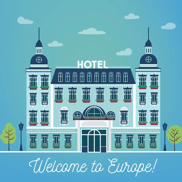 Vintage European City Hostel. Travel Industry Hotel Building Facade (em inglês). Indústria de viagens — Vetor de Stock