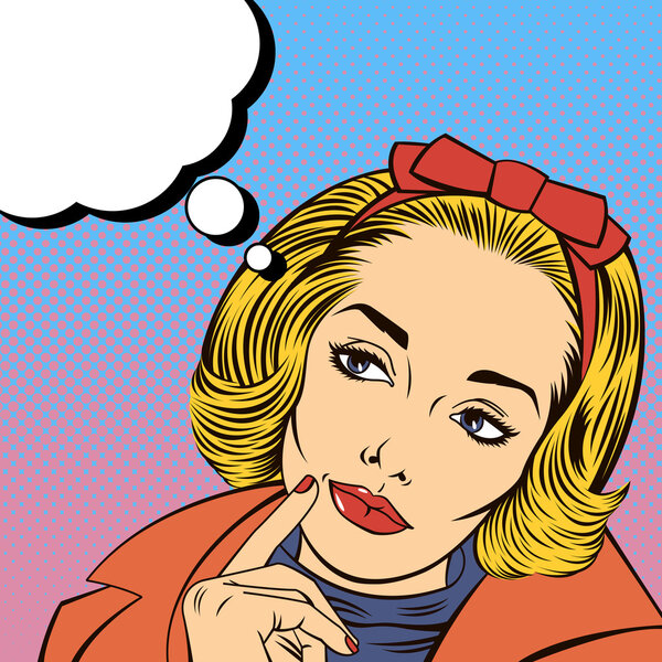 Женское мышление. Красотка. Женские сомнения. Женщина смотрит вверх. Поп-арт
