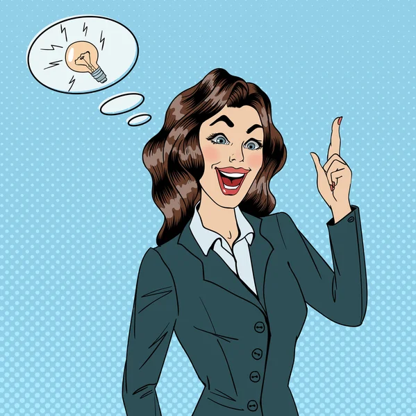 หญิงธุรกิจ ความคิดที่ดี ผู้หญิงที่ทํางาน ประสบความสําเร็จในธุรกิจ ผู้หญิงได้ไอเดีย ป๊อปอาร์ตแบนเนอร์ — ภาพเวกเตอร์สต็อก