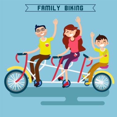 Aile Bisikleti. Bisiklete Binen Aile. Üçlü Bisiklet. Tandem Bisiklet. Mutlu Bir Aile. Modern Yaşam Tarzı. Vektör çizimi
