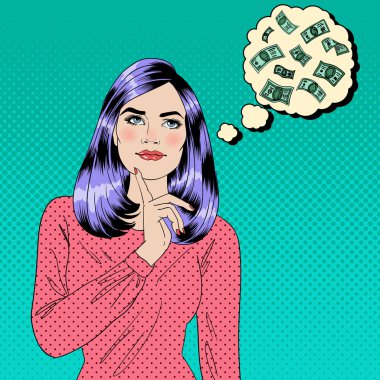 Para Hayal Eden Kız. Rüya Kadın. Çekici kadın. Büyük Rüya. Para Rüyası. Pop Art Banner. Vektör çizimi
