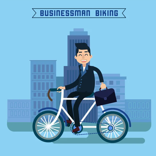 Businessman Biking. Empresario montando una bicicleta. Estilo de vida moderno. Hombre en bicicleta en la ciudad. Empresario en bicicleta. Ilustración vectorial — Vector de stock