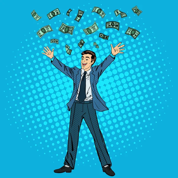 Feliz Empresario. Éxito en los negocios. Empresario exitoso. Empresario y Dinero. El hombre vomitando dinero. Dinero cayendo. Pop Art Banner. Ilustración vectorial — Archivo Imágenes Vectoriales