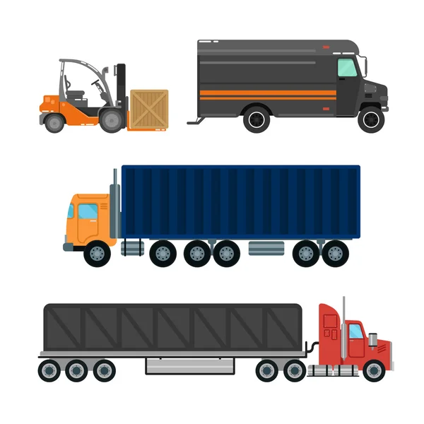 叉车。送货车送货车送货拖车。物流业。重型运输。货物运输。送货服务。矢量插图。扁平样式 — 图库矢量图片