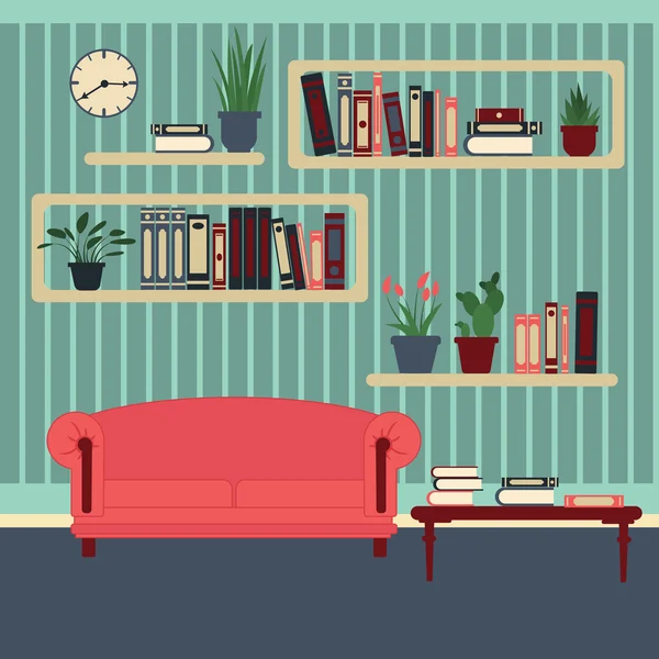 Interiér obývacího pokoje. Moderní domov. Pokoj s knižní policemi a pohovkou. Vektorová ilustrace. Plochý styl — Stockový vektor