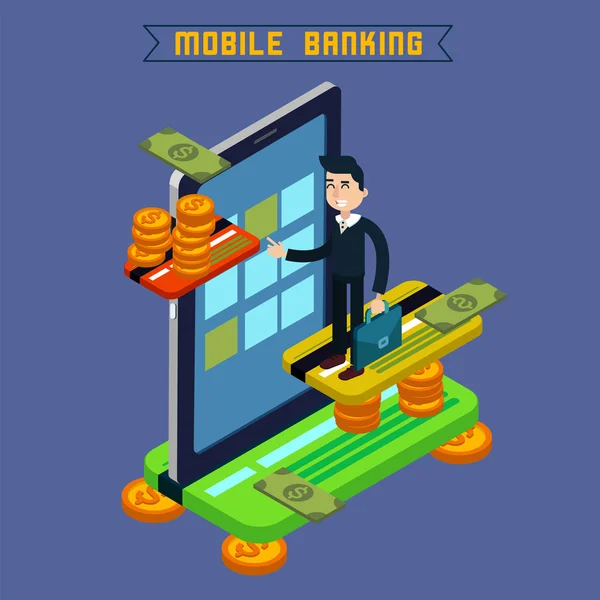 Mobile Banking. isometrisches Konzept. Online-Zahlung. mobiles Bezahlen. Geldtransaktionen. Online-Banking. Kaution. Investitionen finanzieren. Internetbanking. Vektorillustration — Stockvektor
