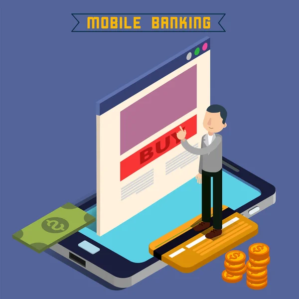 Mobile Banking. isometrisches Konzept. Online-Zahlung. mobiles Bezahlen. Geldtransaktionen. Online-Banking. Kaution. Investitionen finanzieren. Internetbanking. Vektorillustration — Stockvektor