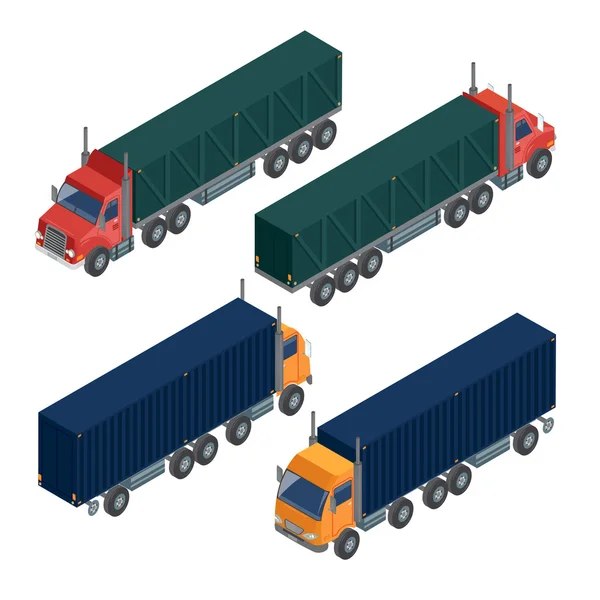 货物运输。等轴测量卡车。等轴测量运输。货运拖车送货车物流运输。运输方式。货运卡车矢量插图 — 图库矢量图片