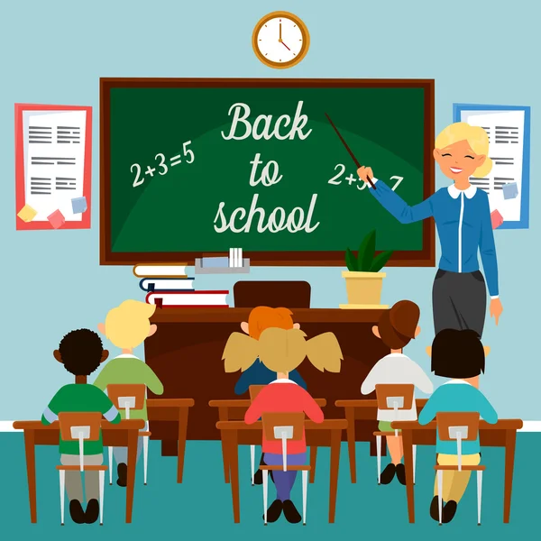 Back to School. Classroom with children. Teacher at the Blackboard. Educational Concept. Classrom Interior. Schoolers in Class. Vector illustration — Stock Vector