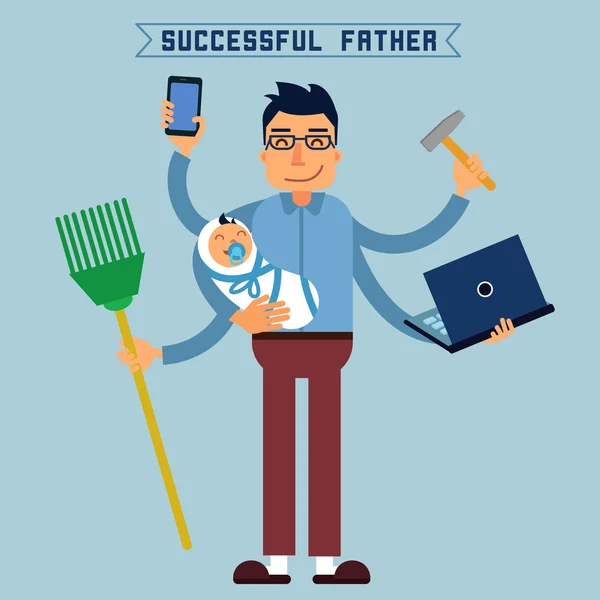 Pai bem sucedido. Super pai. Super-Homem. Homem Multitarefa. Marido perfeito. Mãos habilidosas. Pai com Bebé. Pai e Filho. Homem com Laptop. Ilustração vetorial. Estilo plano — Vetor de Stock