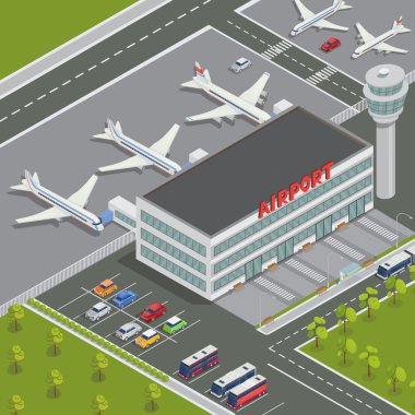 Isometric Airport Building. Airport Terminal with Planes. Travel Air. Passenger Airplane. Vector illustration 