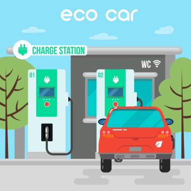 Electric Car. Eco Car on Charging Station. Green Energy. Electric Vehicle. Vector Illustration