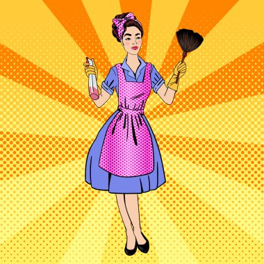 Evi temizleyen kadın. Ev işi yapan kız. Pin Up Kızı. Pop Art. Çizgi roman tarzı. Vektör İllüstrasyonu