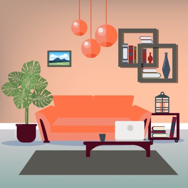 Modern İç Mekan. Oturma odası. Oda Tasarımı. Minimalizm Tarzı. Mobilyalı oda. Vektör çizimi