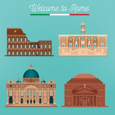 Rome Architecture. Tourism Italy. Coliseum. Rome Buildings. Welcome to Rome. Vector illustration