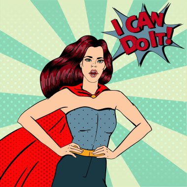Süper Kadın. Kadın Kahraman. Süper kahraman. Süper Kahraman Kostümlü Kız. Kızı sabitle. Komik stil. Pop Art. Vektör çizimi