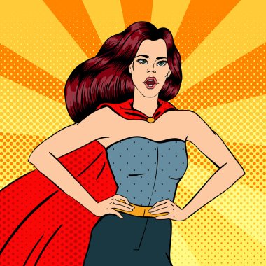 Super Woman. Female Hero. Superhero. Girl in Superhero Costume.  Pin Up Girl. Comic Style. Pop Art. Vector illustration clipart