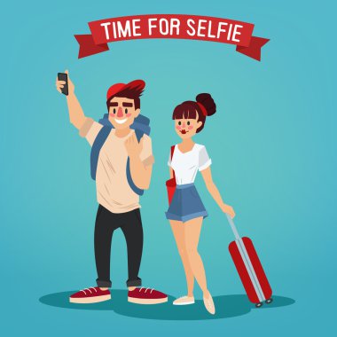 Tourists Making Selfie. Travel Banner. Tourism Industry. Active  People. Tourist with Baggage. Happy Couple. Vector illustration