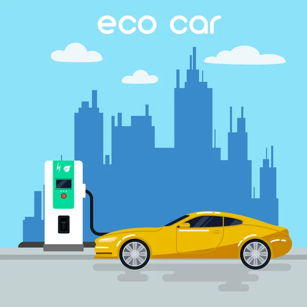 Electric Car. Eco Car on Charging Station. Green Energy. Electric Vehicle. Vector Illustration — 图库矢量图片