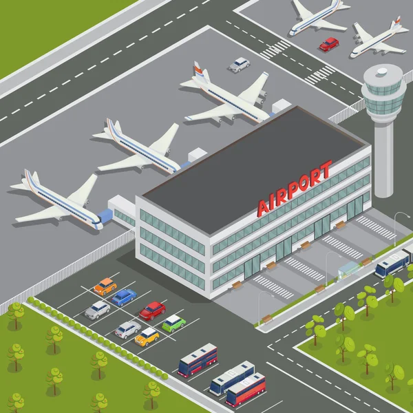 Edificio aeroportuale isometrico. Terminal dell'aeroporto con aerei. Aereo da viaggio. Aereo passeggeri. Illustrazione vettoriale — Vettoriale Stock