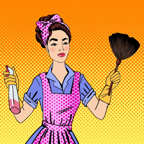 Kobieta sprzątająca dom. Dziewczyna odwala robotę domową. Przypnij dziewczynę. Sztuka pop. Styl komiczny. Ilustracja wektora — Wektor stockowy