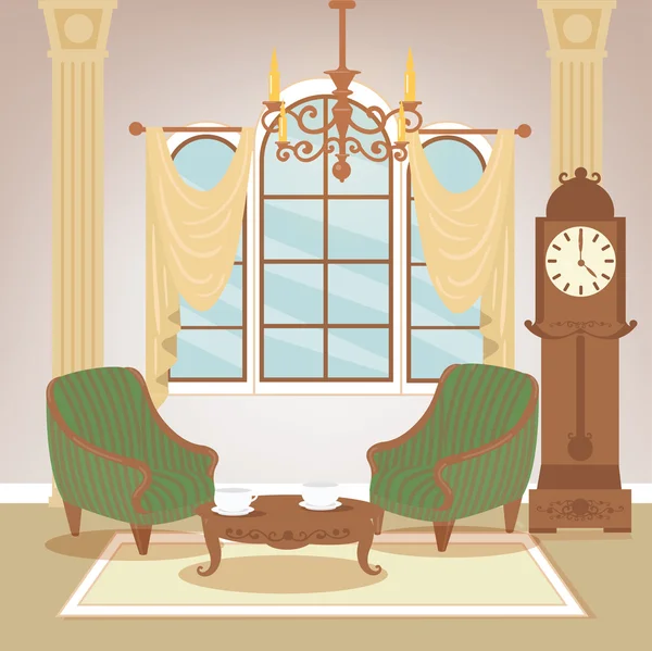 Living Room. Classic Interior. Vintage Style. Retro Furniture. Room Interior with Vintage Candlestick. Home Interior. Vector illustration — 스톡 벡터