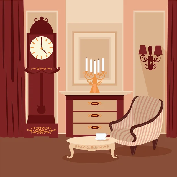 Salle de séjour. Intérieur classique. Style vintage. Meubles rétro. Intérieur de la chambre avec chandelier vintage. Intérieur. Illustration vectorielle — Image vectorielle