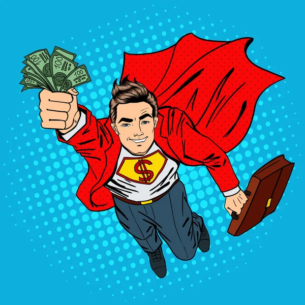 Super hombre de negocios. Empresario Volador. Hombre con Maney. Empresario exitoso. Arte Pop. Ilustración vectorial — Archivo Imágenes Vectoriales