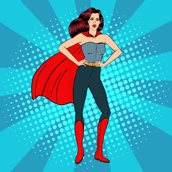 Szuper nő. Nő hős. Szuperhős. Lány a Superhero jelmez. Pin up Girl. Komikus stílus. Pop-art. Vektoros illusztráció — Stock Vector