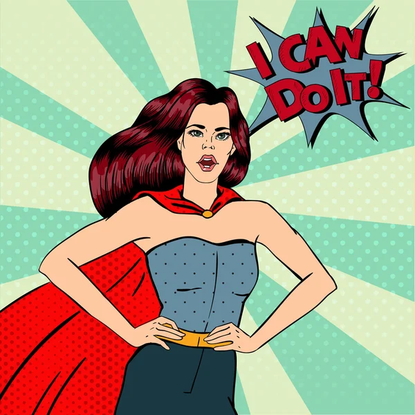Süper Kadın. Kadın Kahraman. Süper kahraman. Süper Kahraman Kostümlü Kız. Kızı sabitle. Komik stil. Pop Art. Vektör çizimi