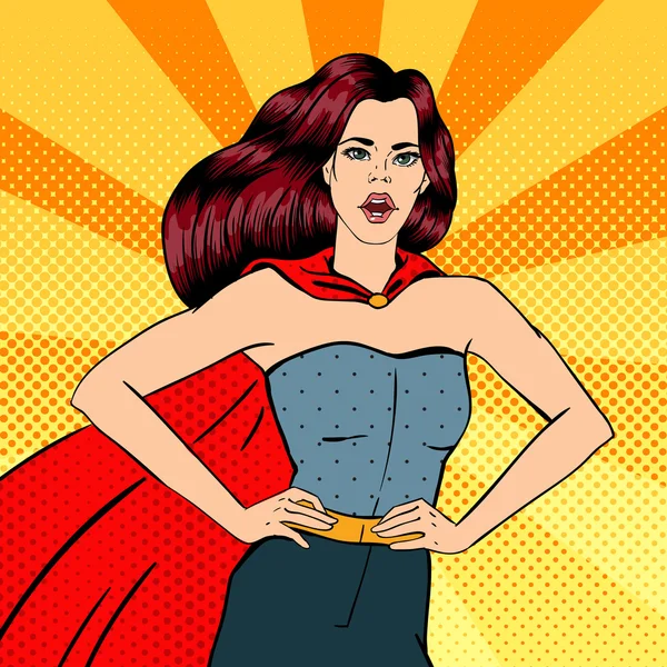 Super Mujer. Héroe femenino. Superhéroe. Chica disfrazada de superhéroe. Pin Up Girl. Estilo cómico. Arte Pop. Ilustración vectorial — Archivo Imágenes Vectoriales