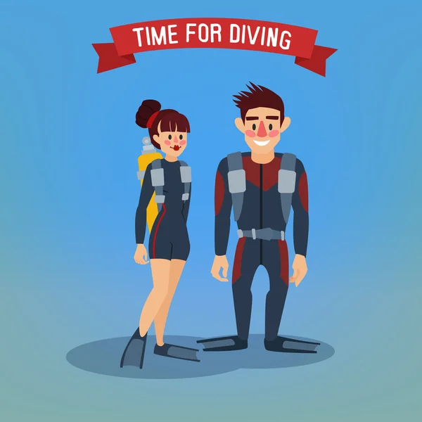 Man and Woman Divers. Time for Diving. Travel Banner. Tourism Industry. Active People. Vector illustration — Stock Vector