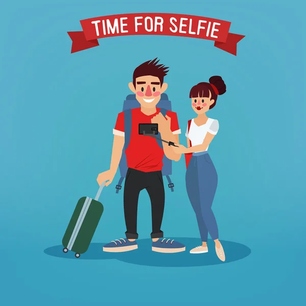 Tourists Making Selfie. Travel Banner. Tourism Industry. Active  People. Tourist with Baggage. Happy Couple. Vector illustration — Stockvector