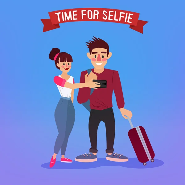 Turis Membuat Selfie. Banner Perjalanan. Industri Pariwisata. Orang Aktif. Turis dengan Baggage. Pasangan bahagia. Ilustrasi vektor - Stok Vektor