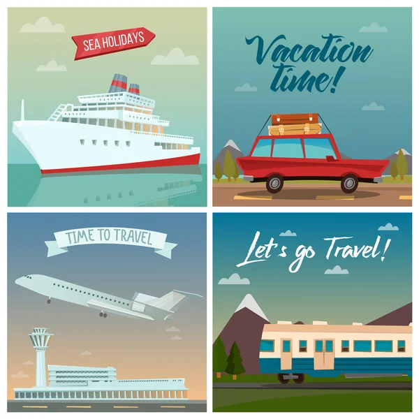 Bandiere da viaggio. Vacanze al mare. Nave passeggeri. Viaggiare in auto. Viaggio aereo. Viaggiare in treno. Industria del turismo. Illustrazione vettoriale — Vettoriale Stock