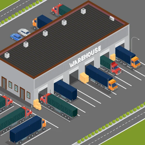 Isometrisch magazijn. Storehouse Building. Vracht industrie. Leveringsbedrijf. Vrachtvervoer. Commerciële vrachtwagen. Vector illustratie — Stockvector