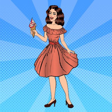 Dondurmalı kız. Pop Art Banner. Kızı sabitle. Dondurma Konisi ile Güzel Kadın. Vektör çizimi
