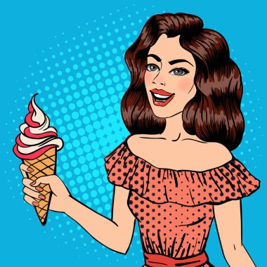 Dondurmalı kız. Pop Art Banner. Kızı sabitle. Dondurma Konisi ile Güzel Kadın. Vektör çizimi