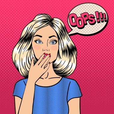 Şaşırmış kadın. Komik stil. Kızı sabitle. Kabarcık Oops. Pop Art.