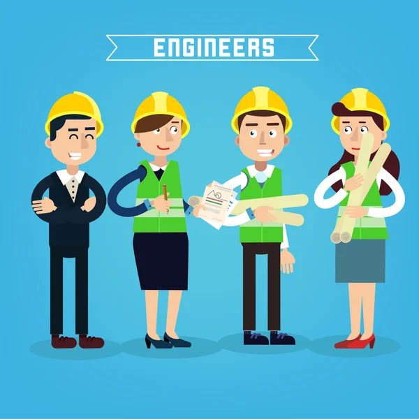 Trabajadores de la construcción. Ingeniero y Jefe de Proyecto. Ingeniería de construcción. Ilustración vectorial — Vector de stock