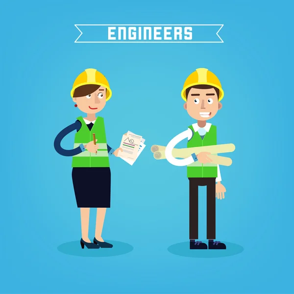 Trabajadores de la construcción. Ingeniero y Jefe de Proyecto. Ingeniería de construcción. Ilustración vectorial — Vector de stock