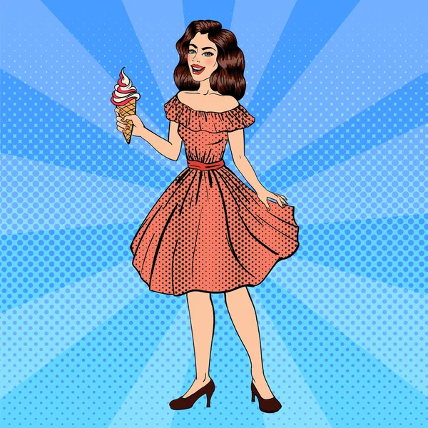 Meisje met ijs. Pop-Art banner. Pin-up meisje. Mooie vrouw met icecream kegel. Vector illustratie — Stockvector