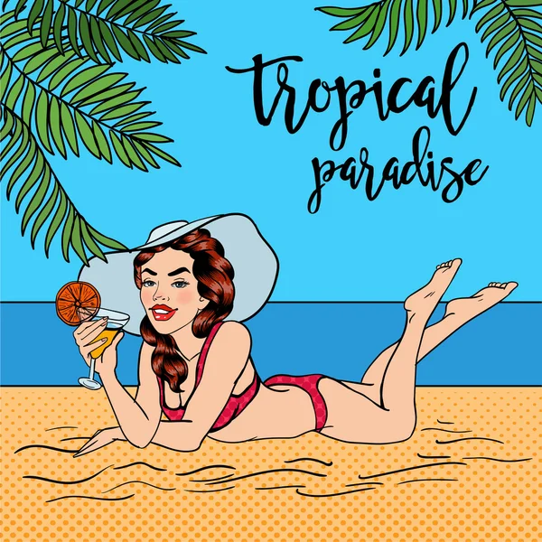 Tropisch paradijs. Vrouw met een cocktail. Pin-up meisje. Mooie vrouw in een badpak. Pop art. Vector illustratie — Stockvector