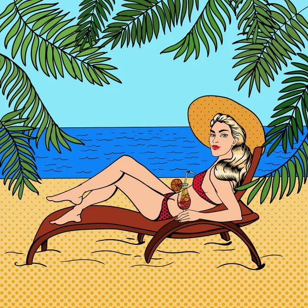 Tropisches Paradies. Frau mit einem Cocktail. Pin-up Mädchen. schöne Frau im Badeanzug. Pop-Art. Vektorillustration — Stockvektor