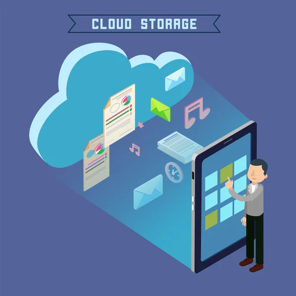 Cloud Storage. Tecnologia informatica isometrica. Uomo Caricamento dei file nel repository. Illustrazione vettoriale — Vettoriale Stock