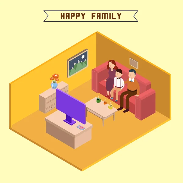 Isometric Interior. Happy Family. Isometric People. Family Watching TV. Vector illustration — Stock Vector