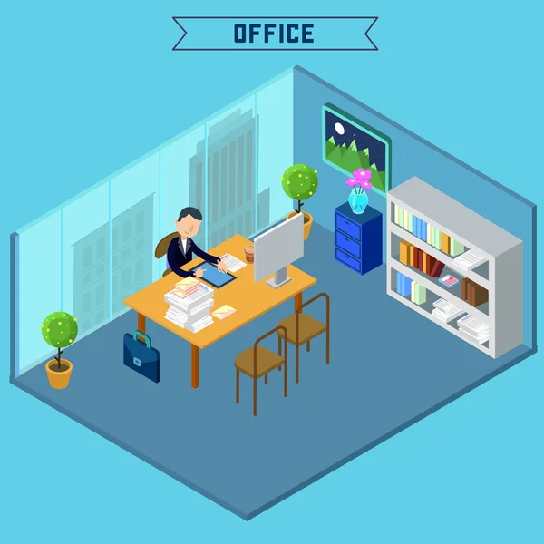 Moderno ufficio interno. Ufficio isometrico. Uomo d'affari al lavoro. Sala ufficio con mobili e computer. Illustrazione vettoriale — Vettoriale Stock