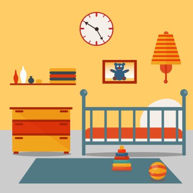 Çocuk Yatak Odası İç. Çocuk Mobilyaları ve Oyuncakları. Vektör çizimi