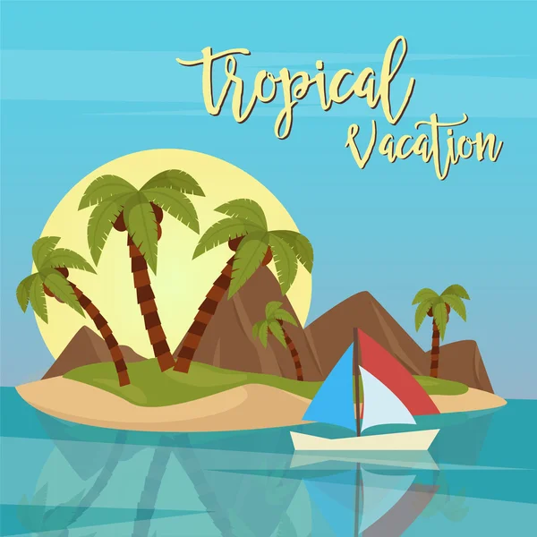 Vacaciones en la playa. Paraíso Tropical. Isla exótica con palmeras. Ilustración vectorial — Vector de stock