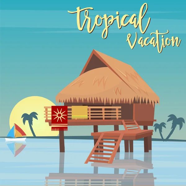 Vacaciones en la playa. Paraíso Tropical. Bungalows exóticos en la isla. Ilustración vectorial — Archivo Imágenes Vectoriales